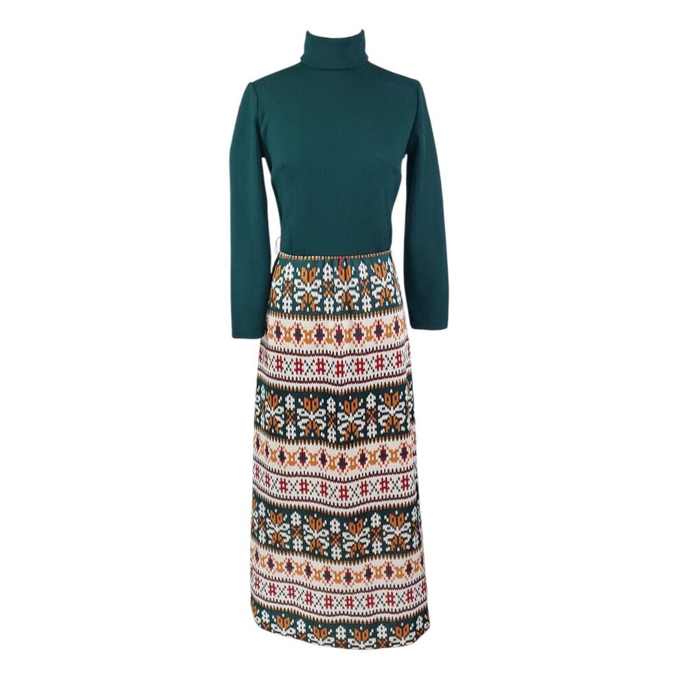 Vintage Vicky Vaughn 1970s Long Maxi Dress Retro High Mock Turtle Neck XXS XS